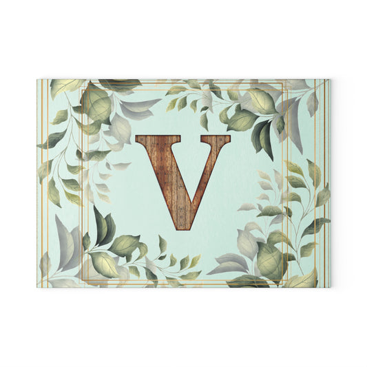 Monogram Glass Cutting Board — Rustic Wood “V” with Greenery Border