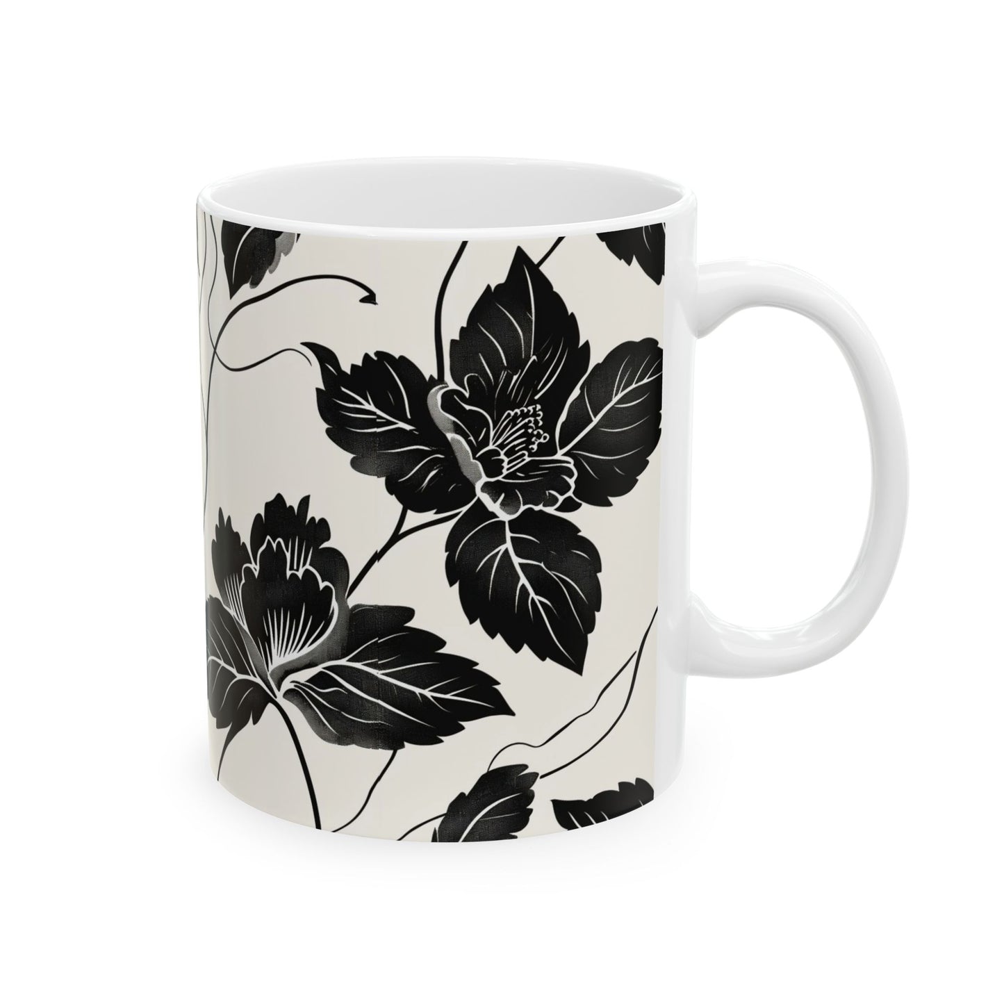 Black Floral Ceramic Mug — Monochrome Vintage Flower Coffee Cup (11oz & 15oz)