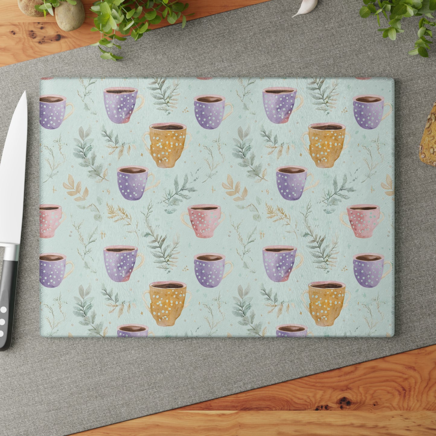 Ceramic Mugs Pattern Glass Cutting Board — Pastel Teacup Kitchen Chopping Board