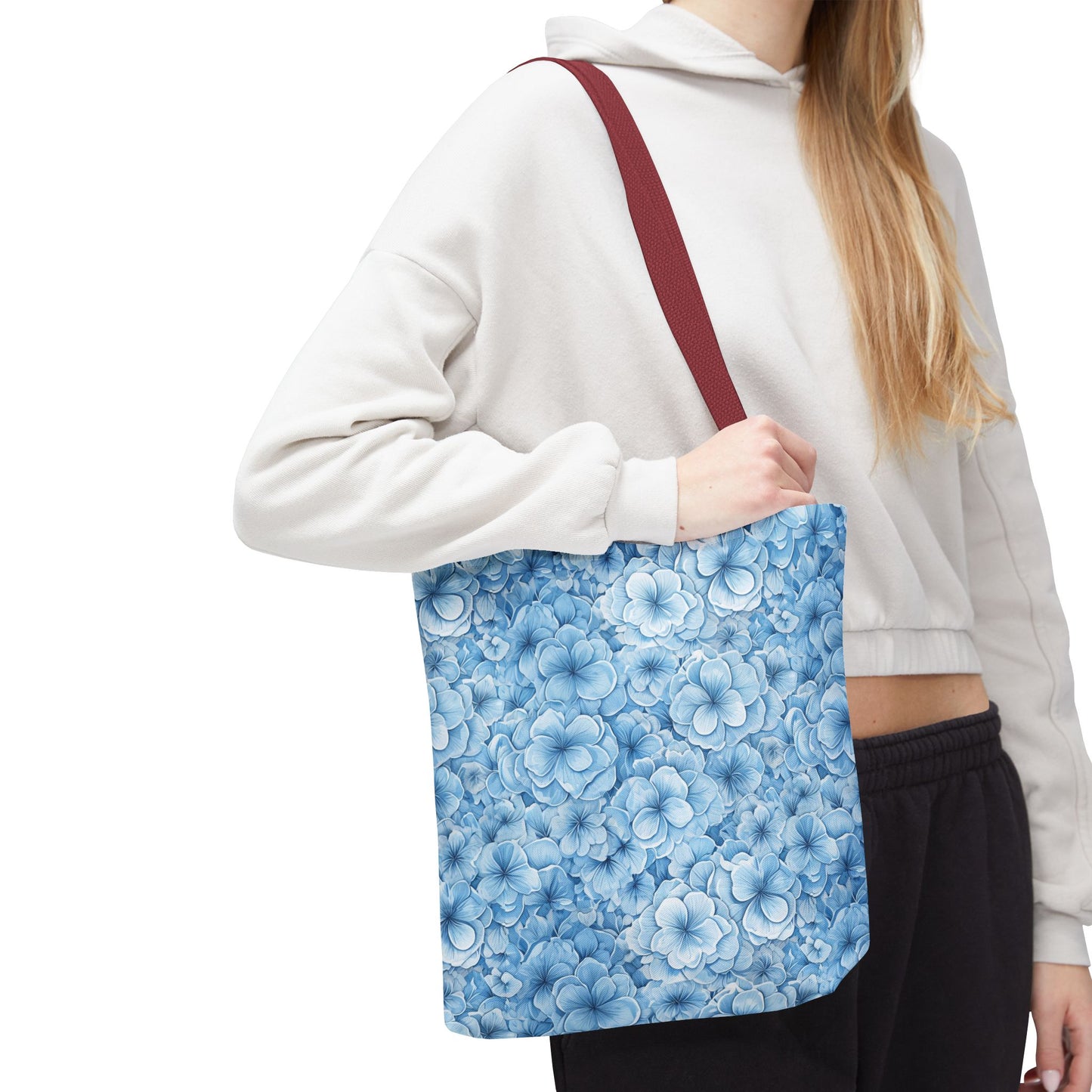 Blue Watercolor Floral Tote Bag — Reusable Flower Pattern Shopper