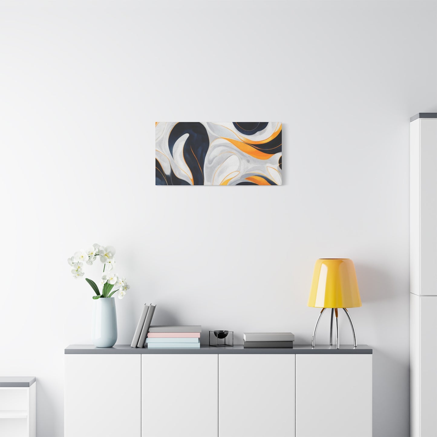 Abstract Fluid Art Matte Canvas Print — Navy, Gold & White Stretched Wall Art