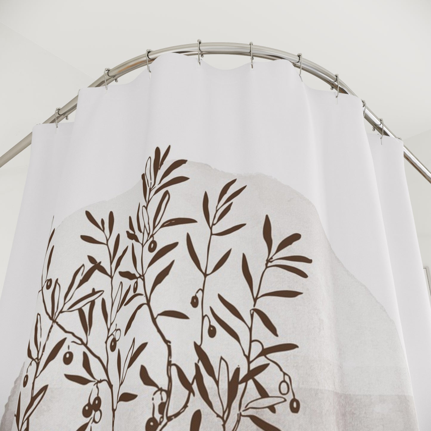 Botanical Neutral Shower Curtain — Minimal Olive Branch Bath Decor