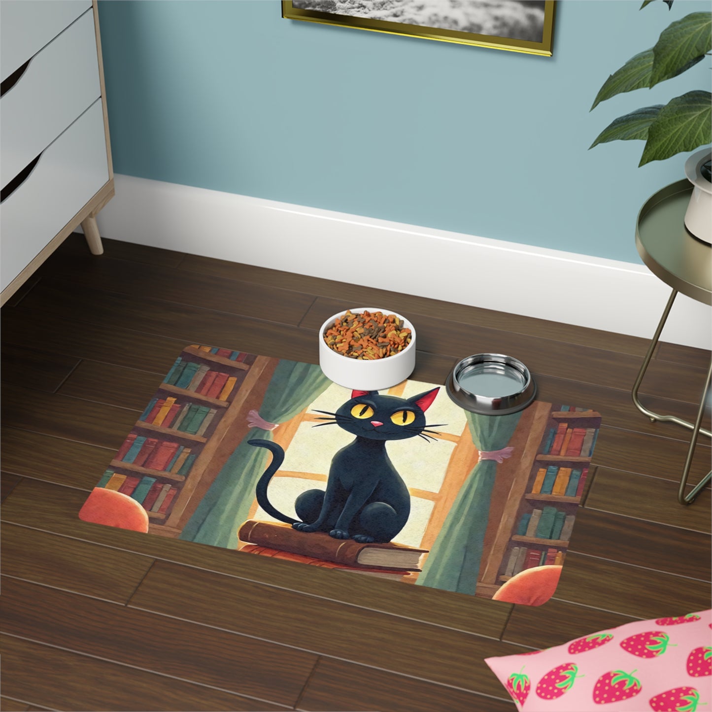 Black Cat Library Pet Food Mat (12x18) - Cute Cat Feeding Mat for Cats & Small Dogs