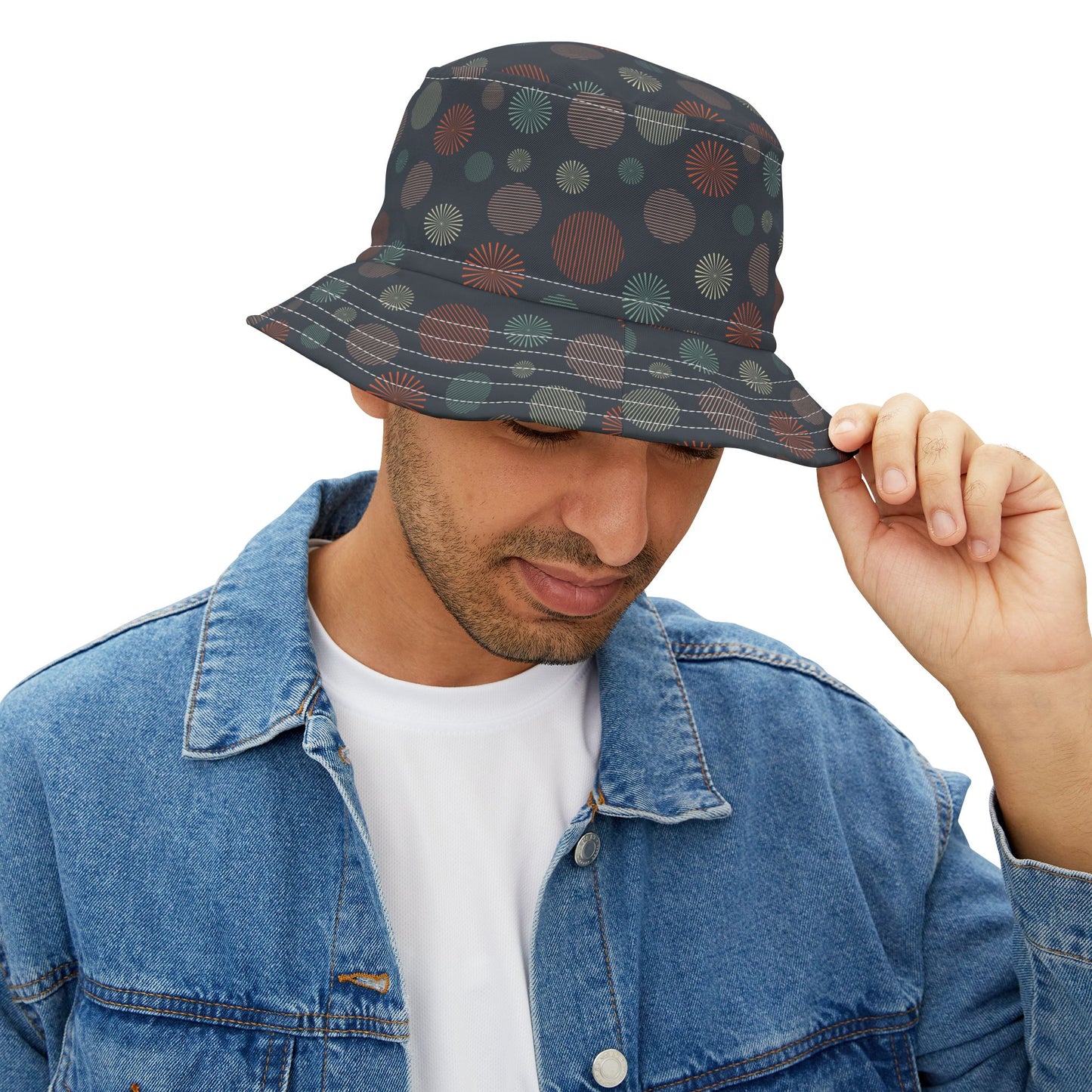 Bucket Hat — Dark Confetti Dot Pattern, Stylish Sun & Festival Accessory