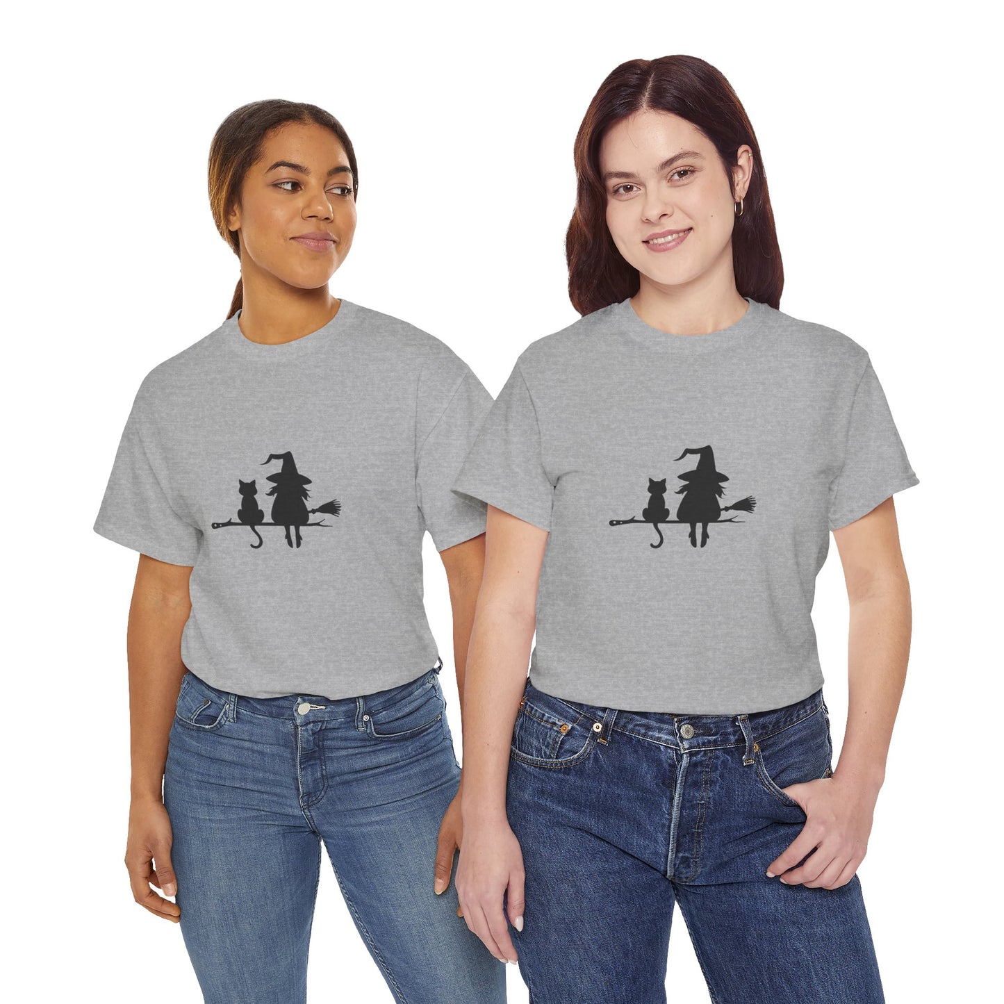 Witch and Cat Tee | Spooky Unisex Shirt for Halloween | Cute Witchwear for Cat Lovers | Fall Wardrobe Essential | Gift for Magical Friends