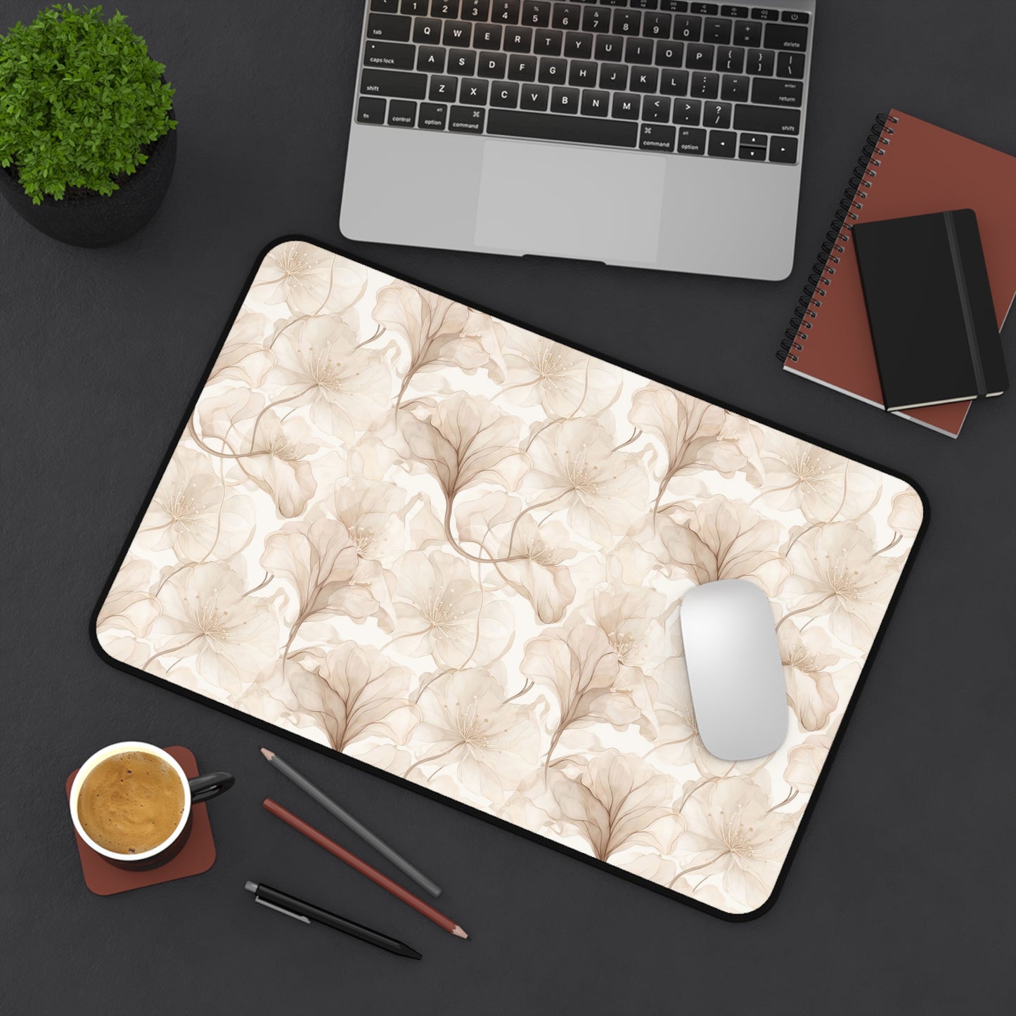 Floral Beige Desk Mat — Neutral Watercolor Ginkgo Mousepad