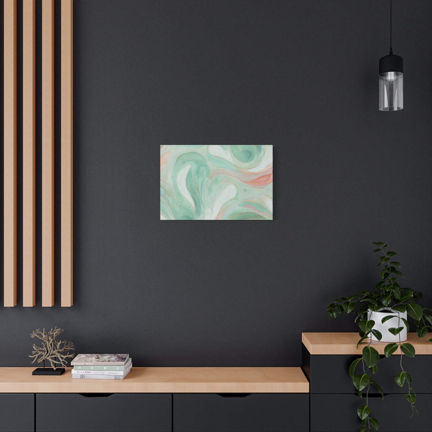 Abstract Green Marble Canvas Print — Teal & Coral Swirl Wall Art
