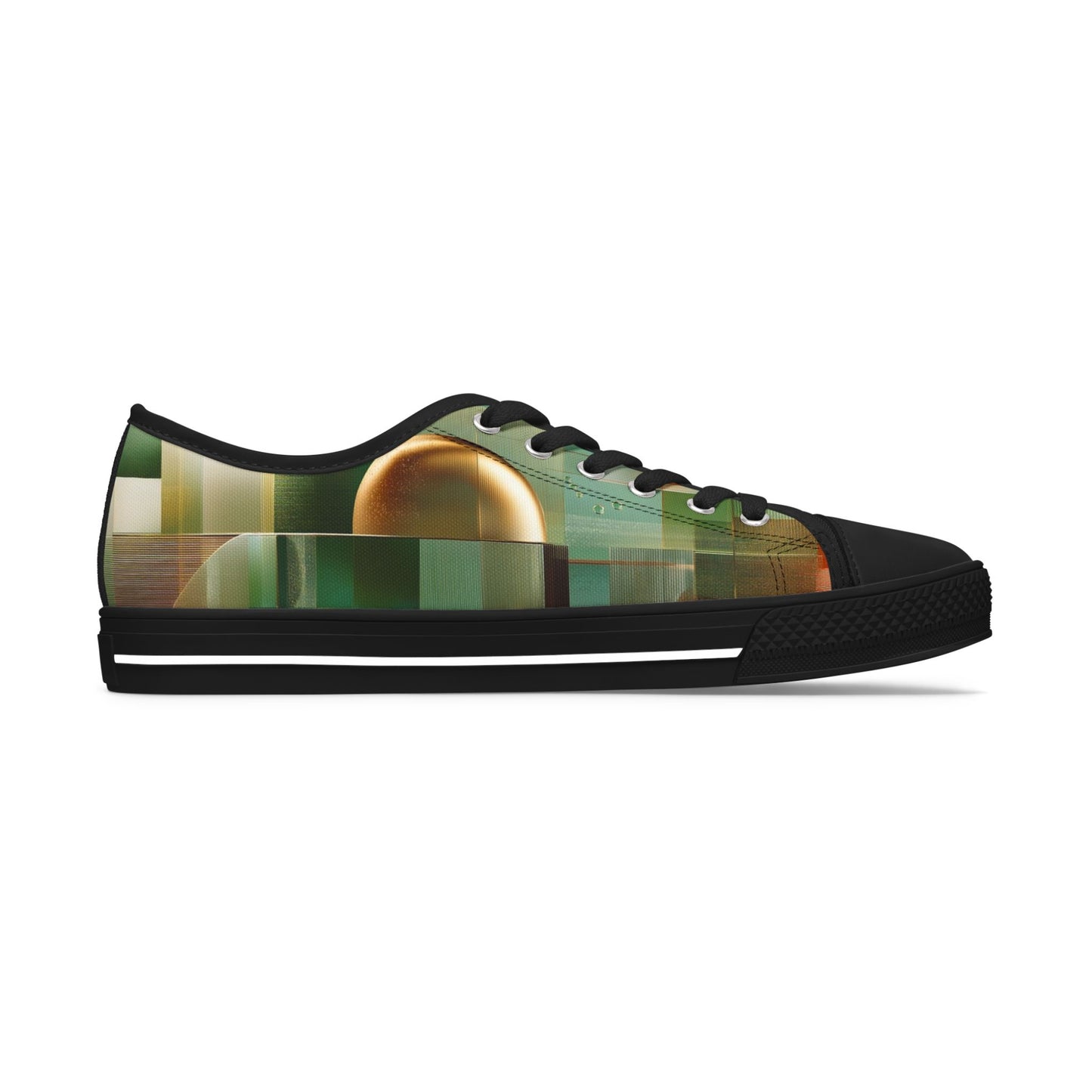 Low Top Sneakers — Green Abstract Geometric with Gold Orb Design