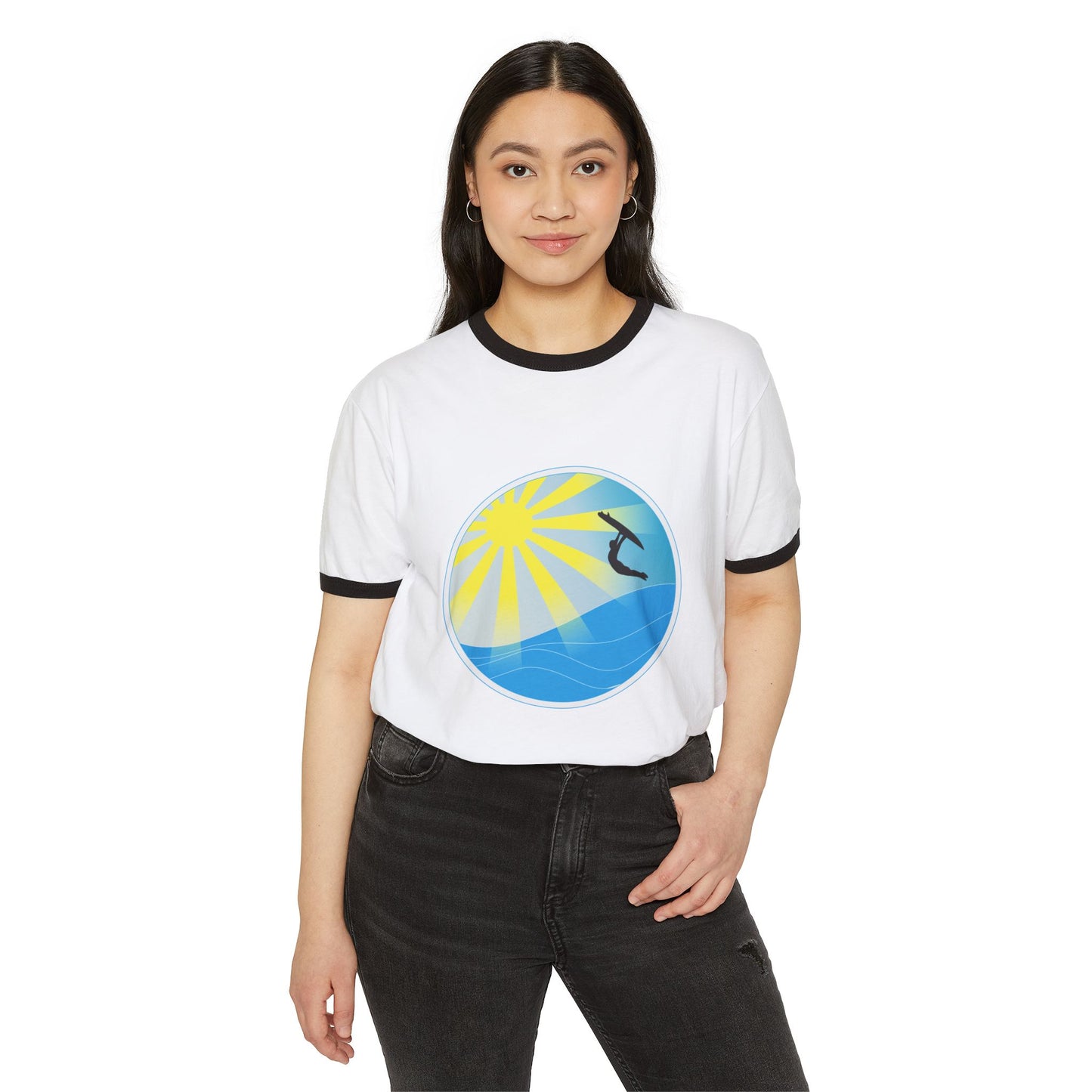 Surf Circle Ringer T-Shirt – Sunny Wave & Surfer Graphic