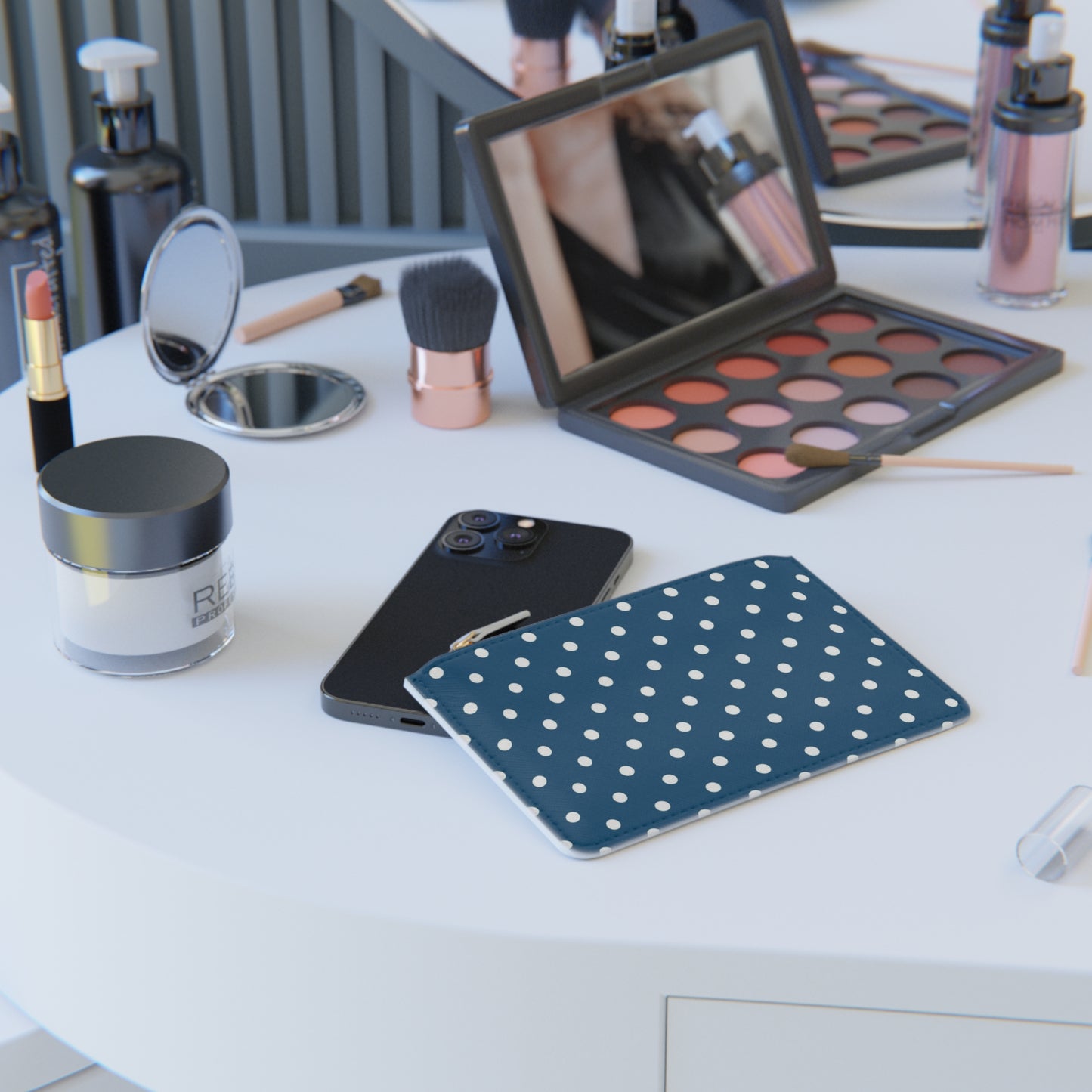 Polka Dot Mini Clutch Bag — Navy Blue White Dot Zip Pouch