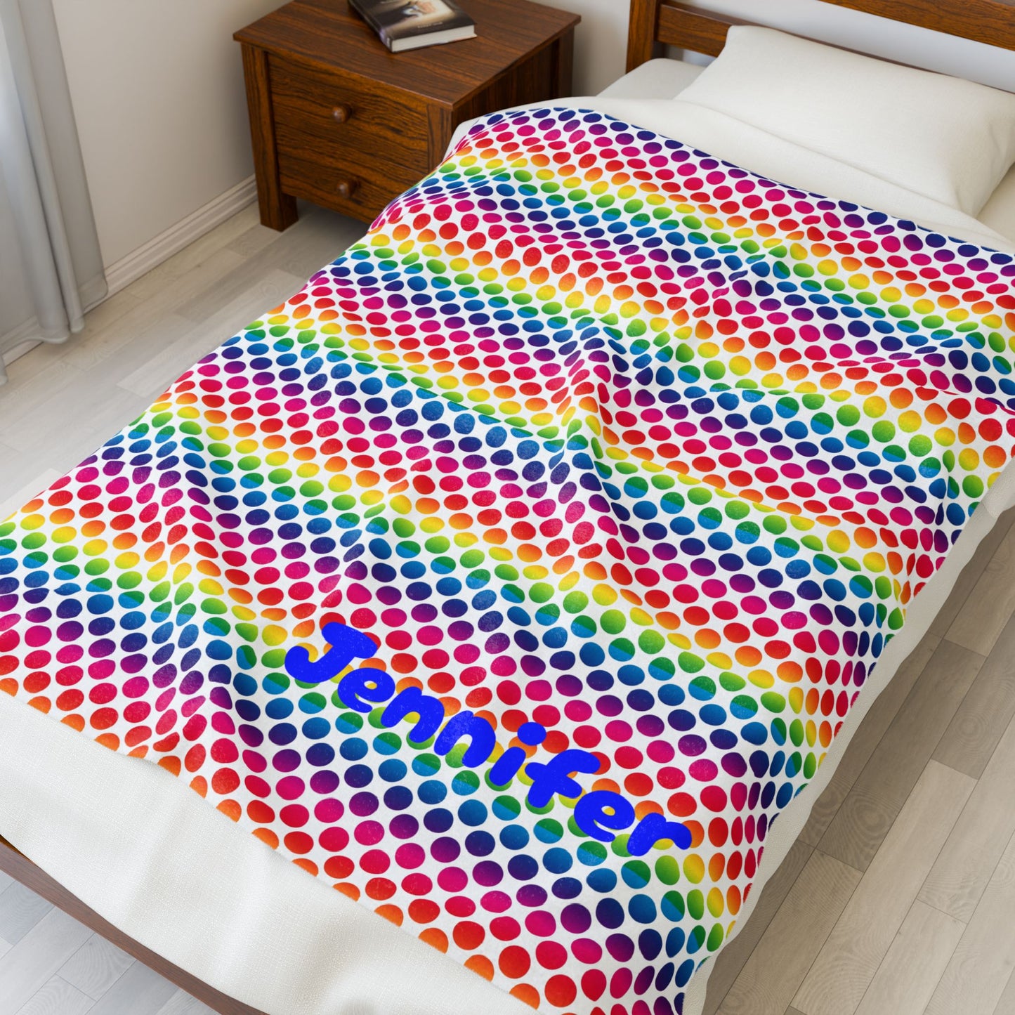 Personalized Velveteen Plush Blanket, Rainbow Polka Dot Throw, Cozy Home Decor, Gift for Kids, Custom Name Blanket, Soft Snuggle Blanket