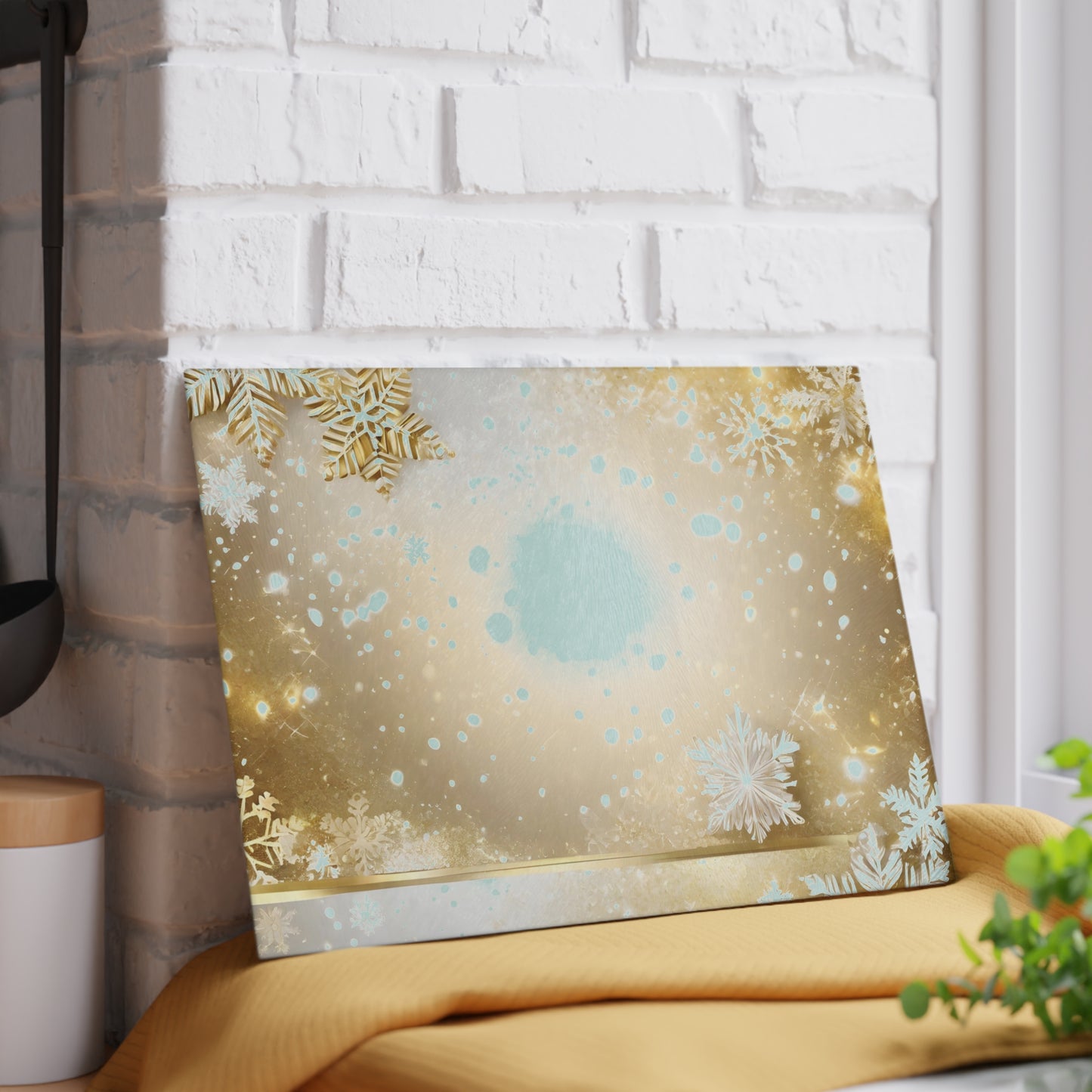 Festive Gold Snowflake Glass Cutting Board — Holiday Decorative Chopping Board