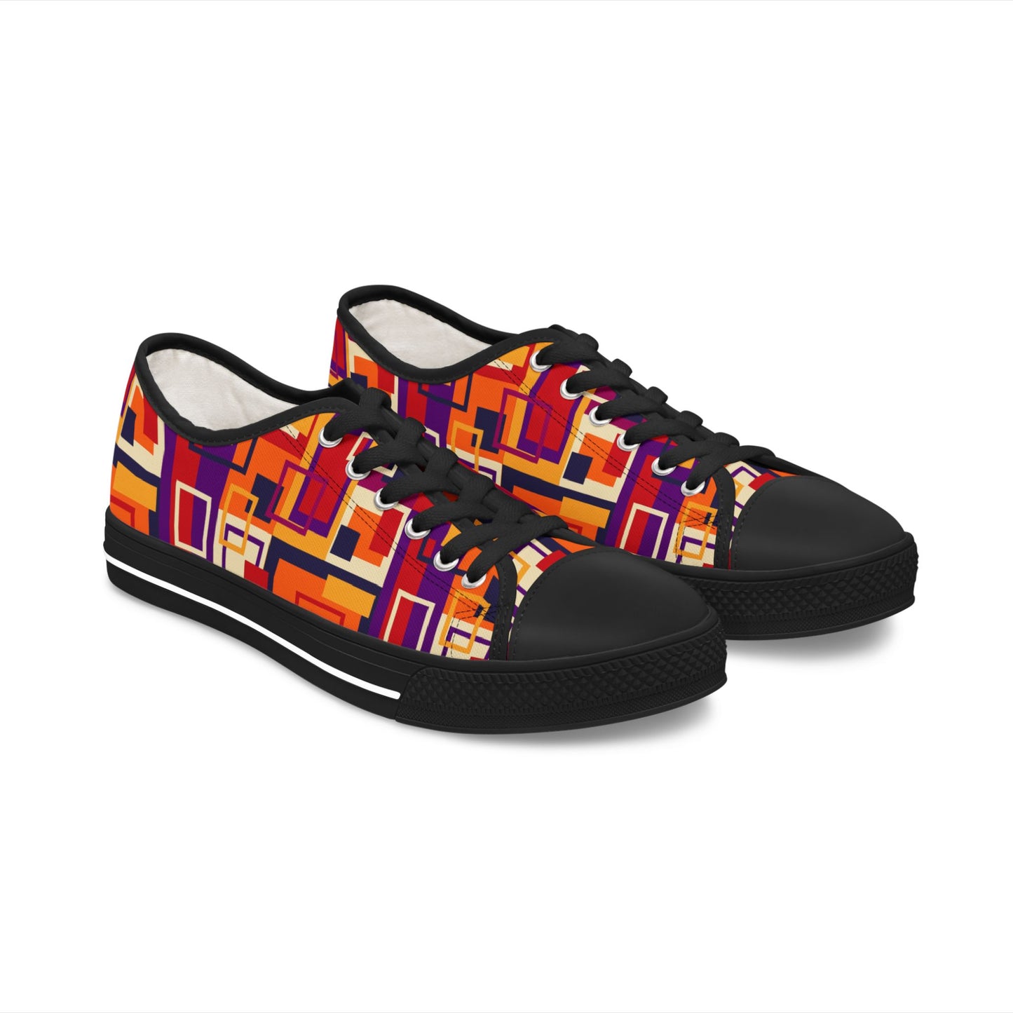 Retro Geometric Women's Low Top Sneakers — Bold Orange & Purple Patchwork Canvas