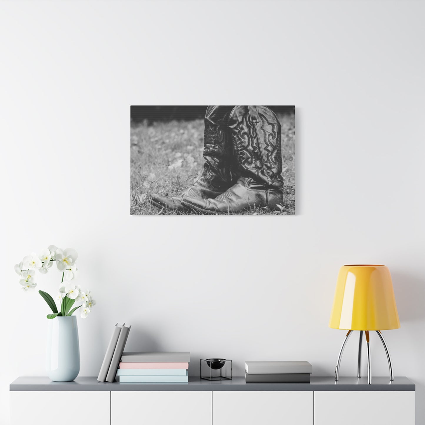 Western Cowboy Boots Matte Canvas Wall Art – Black & White Rustic Country Decor