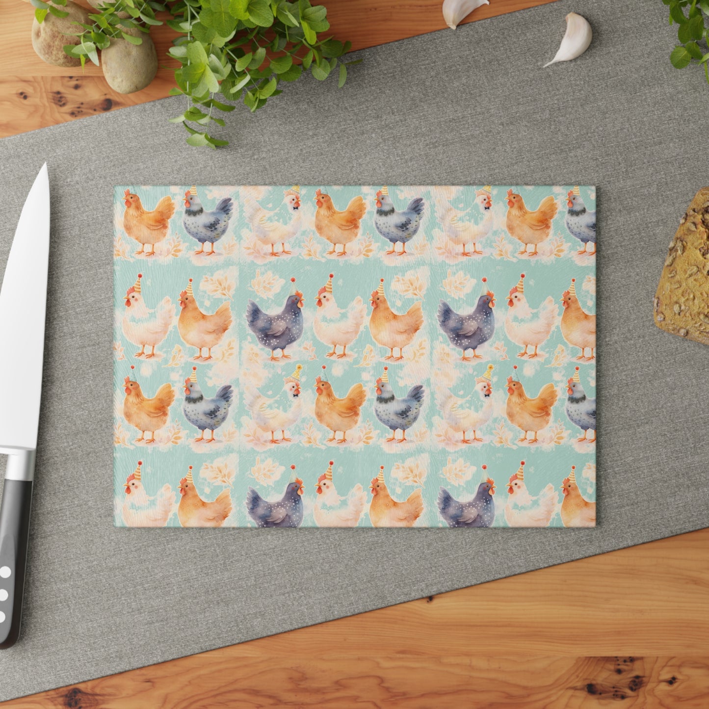 Chicken Pattern Glass Cutting Board — Watercolor Farmhouse Kitchen Decor