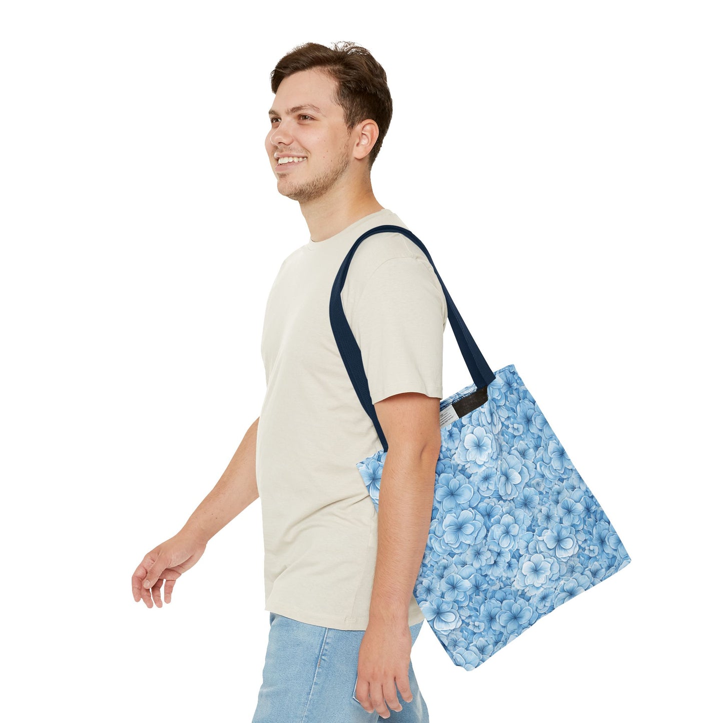 Blue Watercolor Floral Tote Bag — Reusable Flower Pattern Shopper