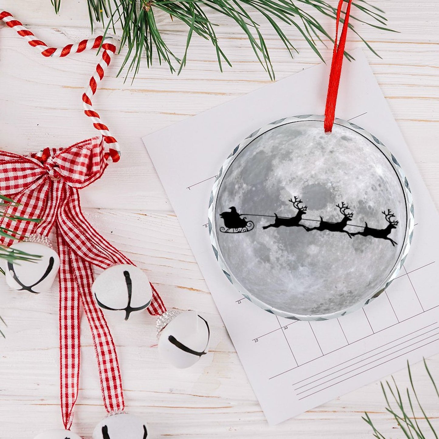 Glass Circular Ornament Pendant - Moon Santa Flying