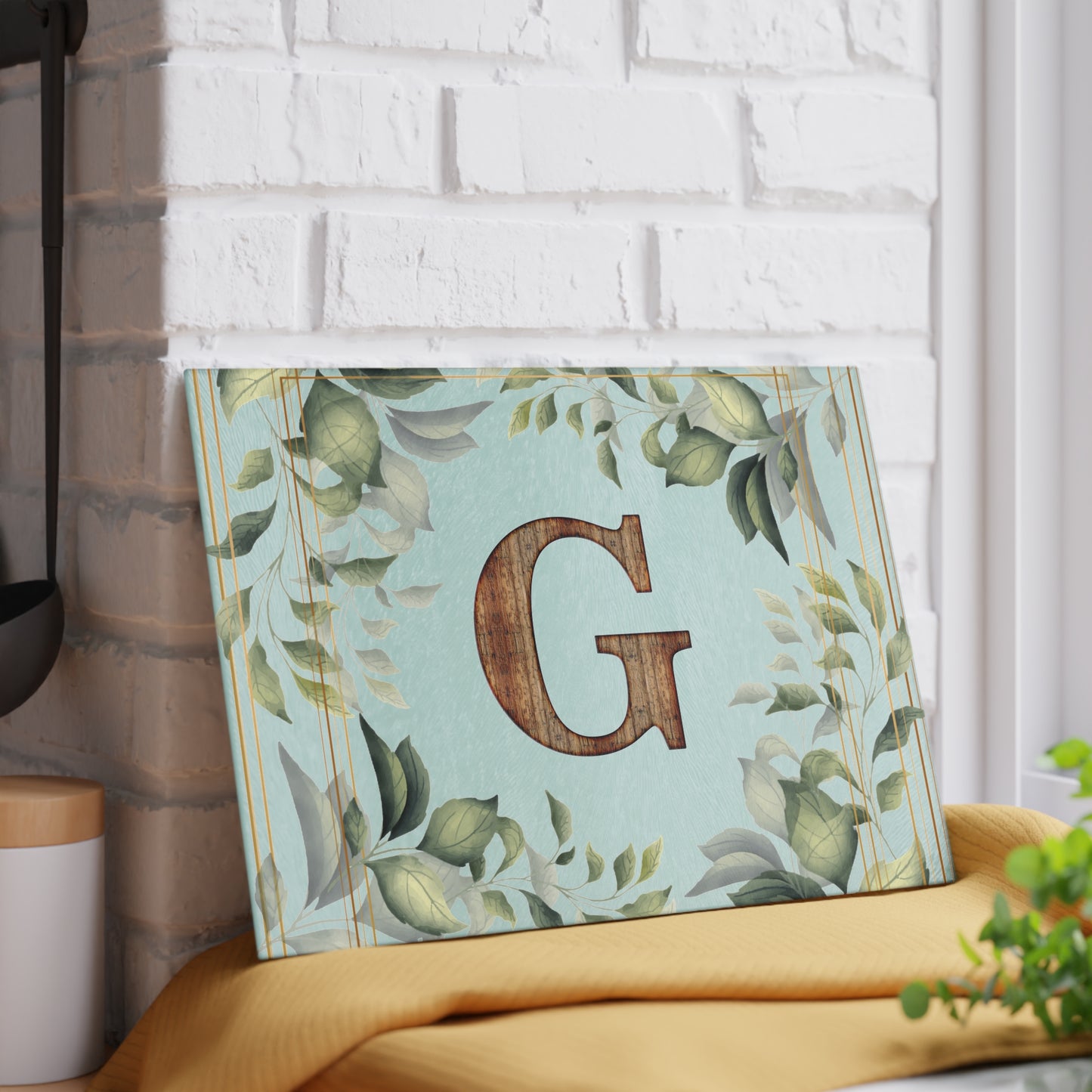 Glass Cutting Board — Monogram G Floral Wood Initial Decorative Kitchen Board