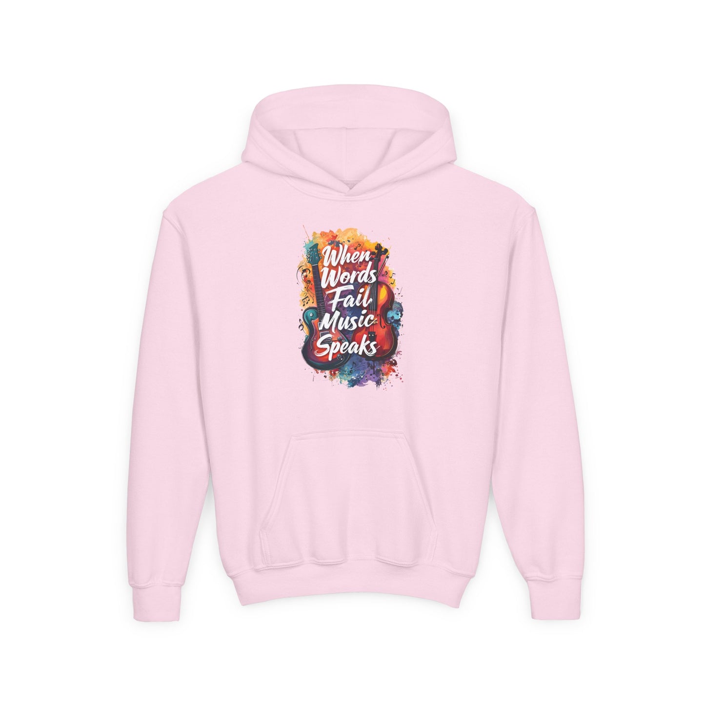 Youth Hoodie — "When Words Fail Music Speaks" Colorful Watercolor Design