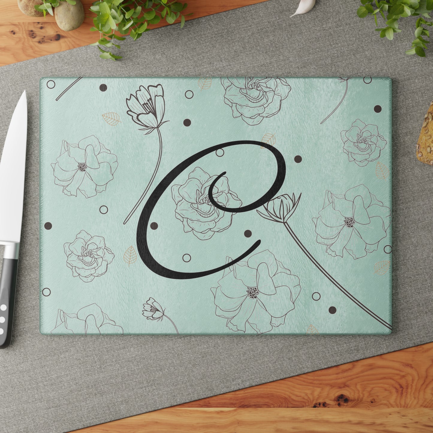 Personalized Floral Glass Cutting Board, Kitchen Decor, Wedding Gift, Housewarming Gift, Cooking Gift, Custom Kitchen Accessory