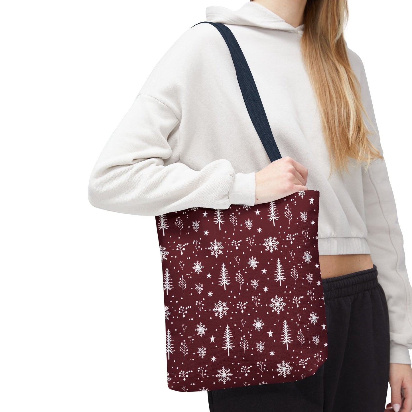 Christmas Snowflake Tote Bag – Burgundy Holiday Patterned Carryall