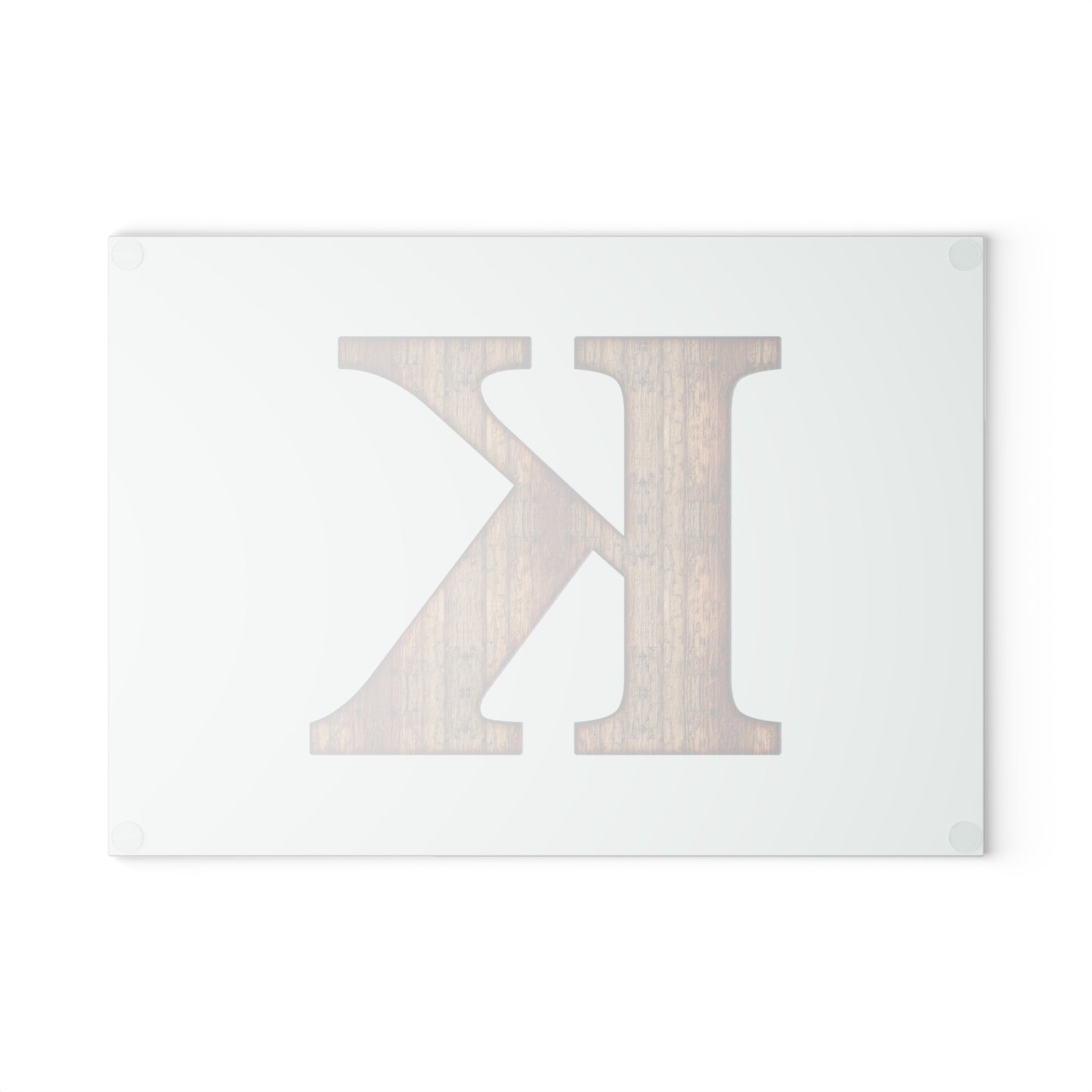 Monogram 'K' Glass Cutting Board — Rustic Wood Letter on Mint Background