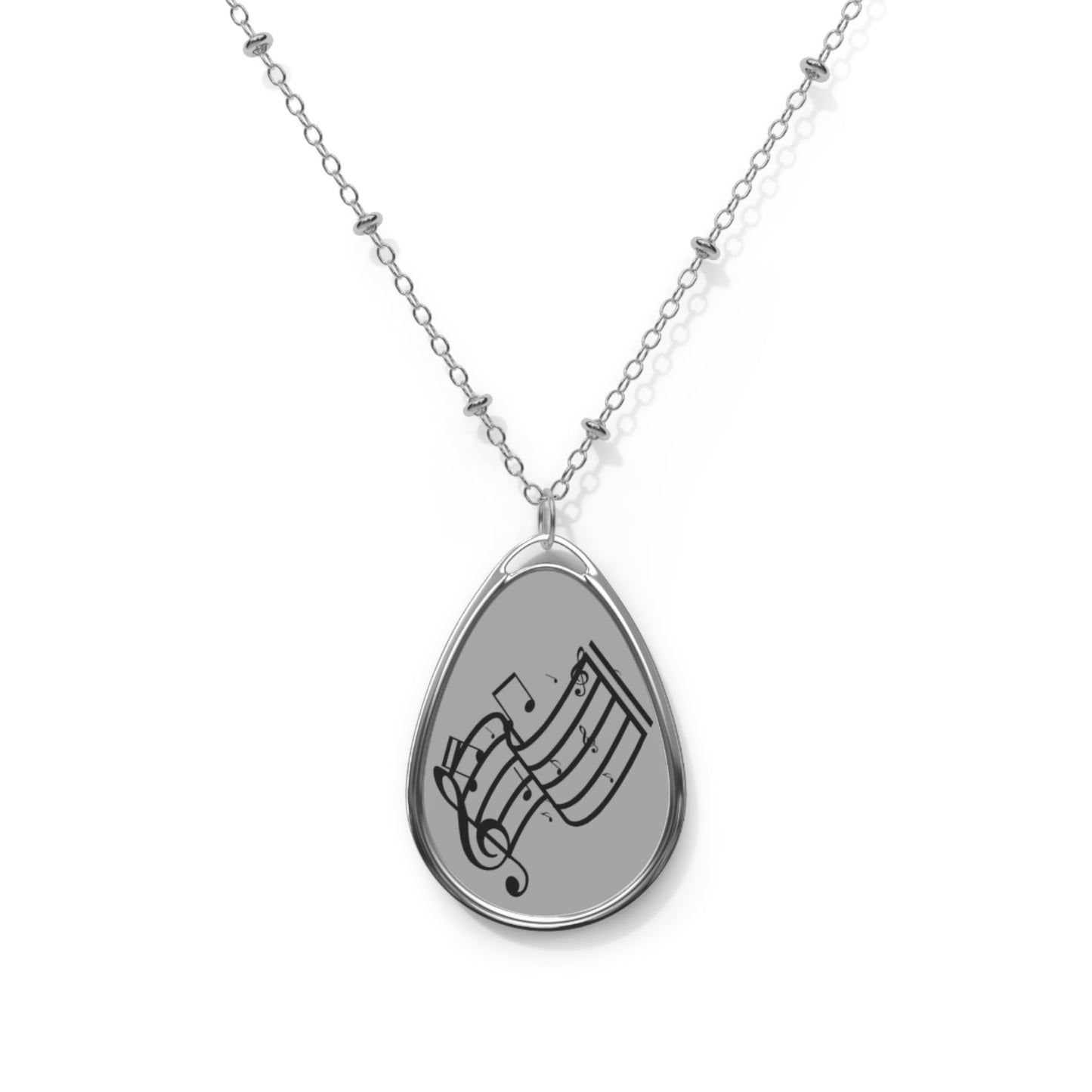 Oval Music Note Necklace — Silver Teardrop Pendant for Musicians & Music Lovers