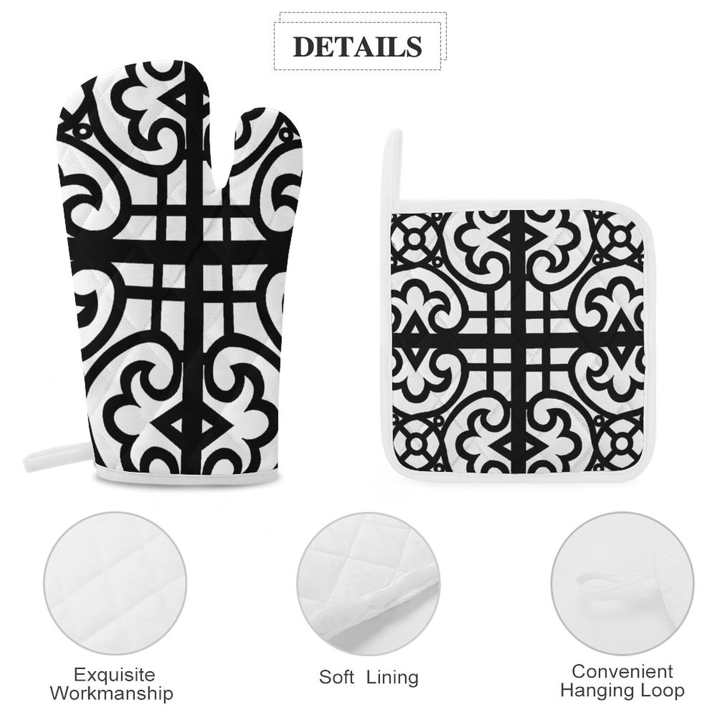 Oven Mitts & Pot Holder Set of 3 Black and White