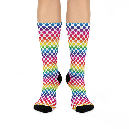Vibrant Patterned Crew Socks, Fun Gift for Kids & Adults, Rainbow Polka Dot Socks, Cozy & Comfortable Footwear, Perfect for Everyday Wear