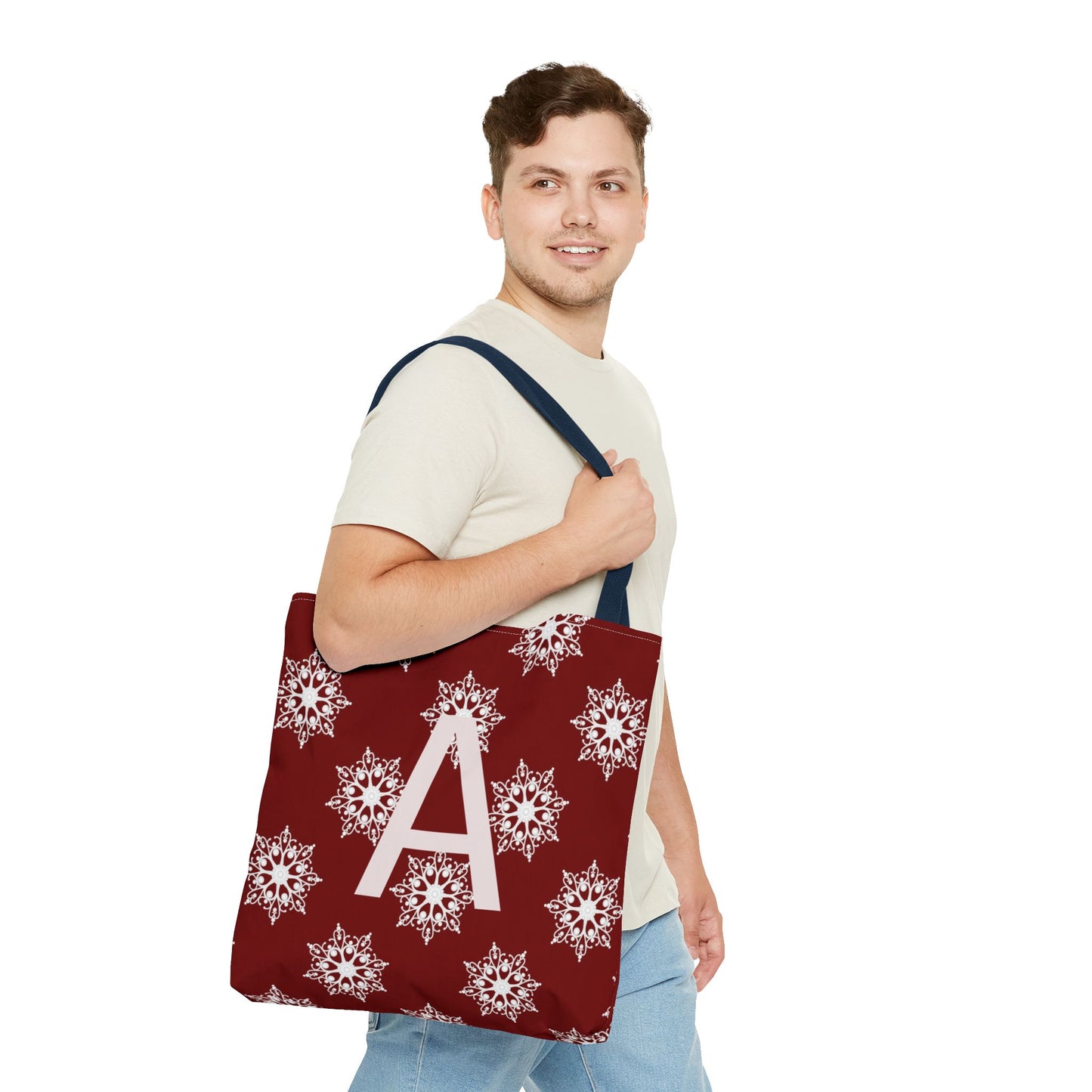 Monogram A Snowflake Tote Bag — Personalized Holiday AOP Tote