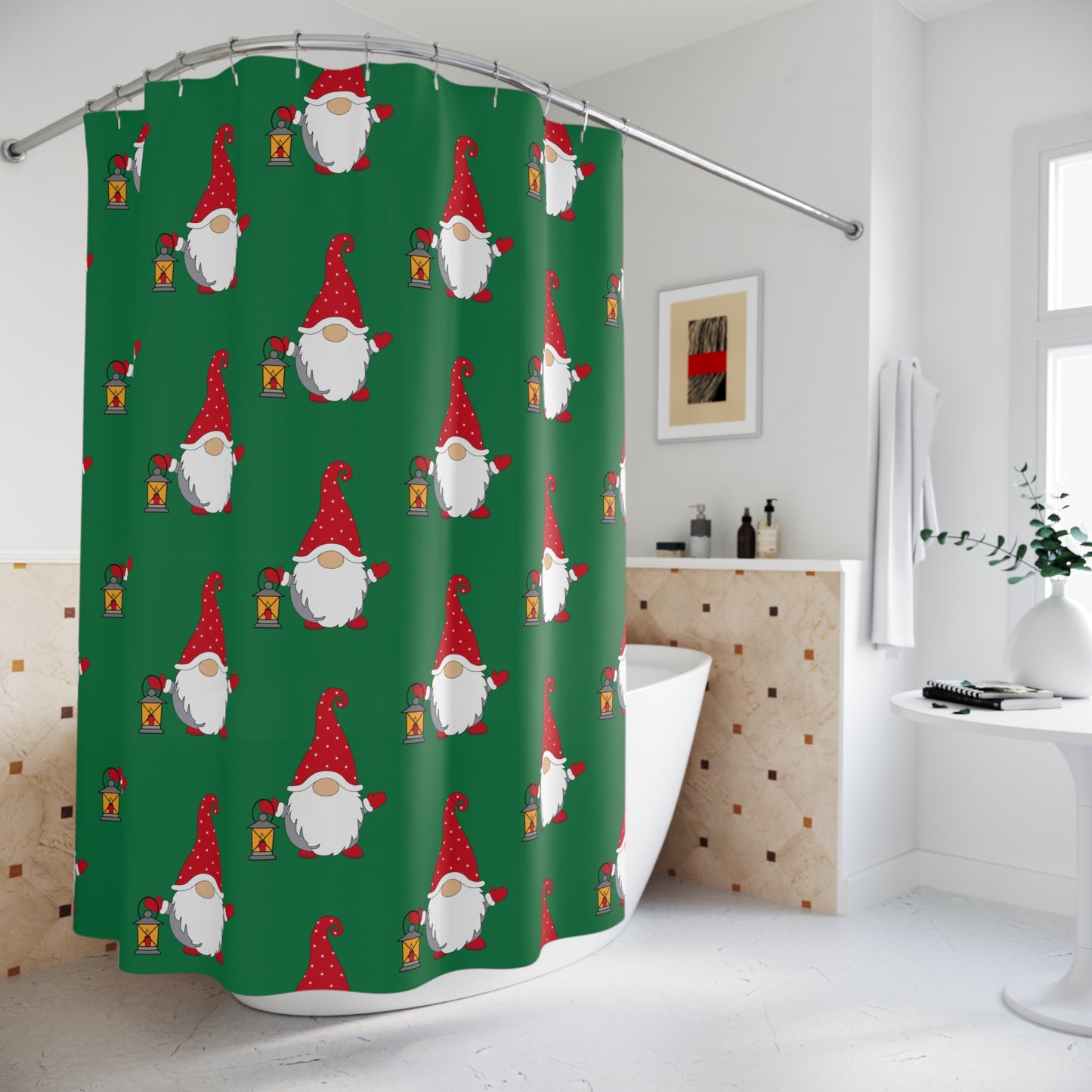 Christmas Gnome Shower Curtain — Festive Green Holiday Bathroom Decor