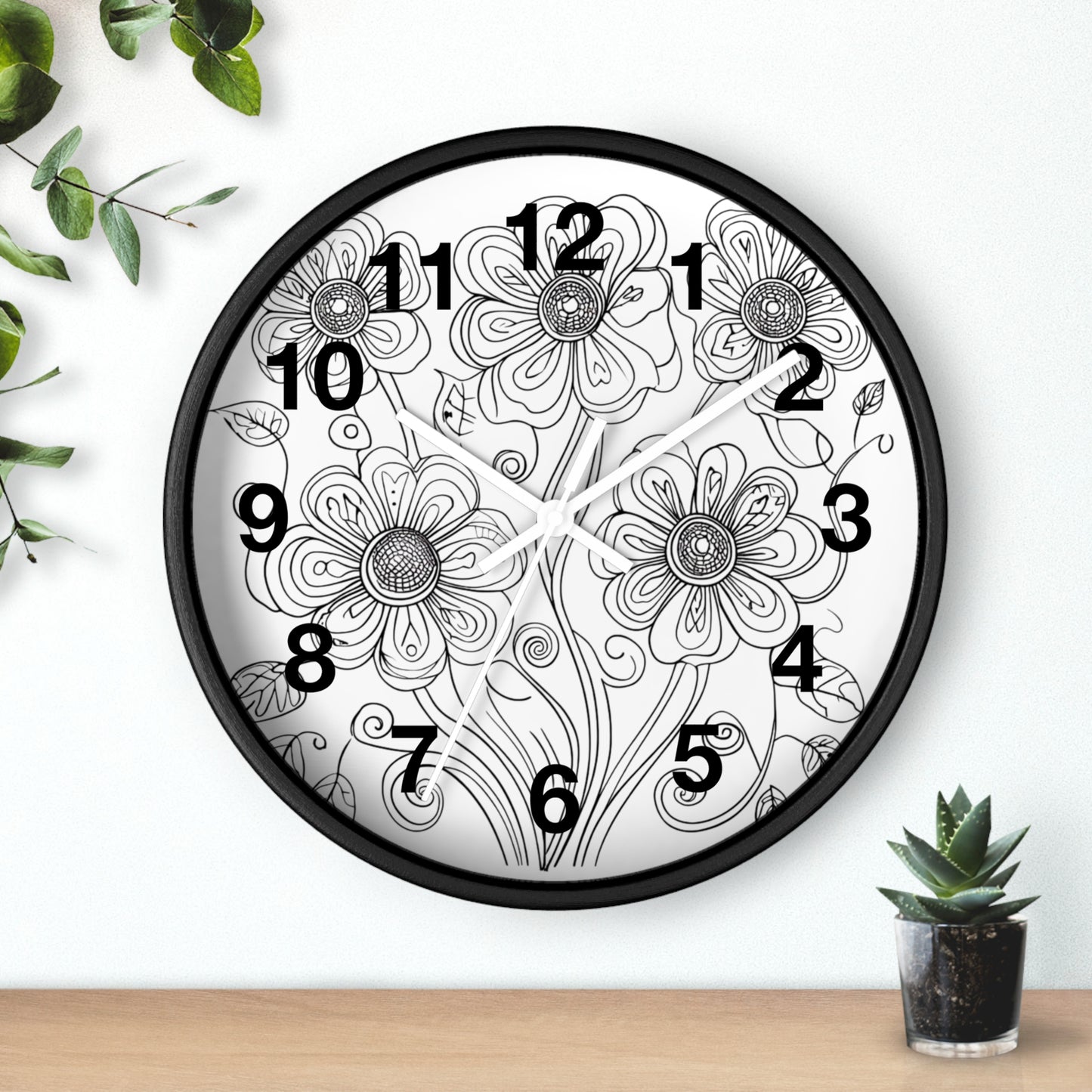 Floral Doodle Wall Clock — Black & White Hand-Drawn Flower Timepiece
