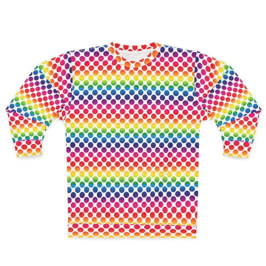 Rainbow Polka Dot Unisex Sweatshirt, Colorful AOP Pullover, Trendy Cozy Top, Vibrant Gift for Her/Him, Perfect for Casual Wear
