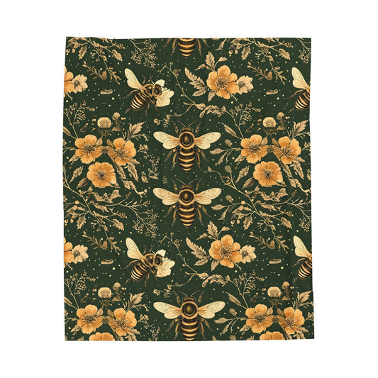 Bee Floral Velveteen Plush Blanket, Cozy Home Decor, Gift for Nature Lovers, Nursery Blanket, Soft Throw for All Occasions