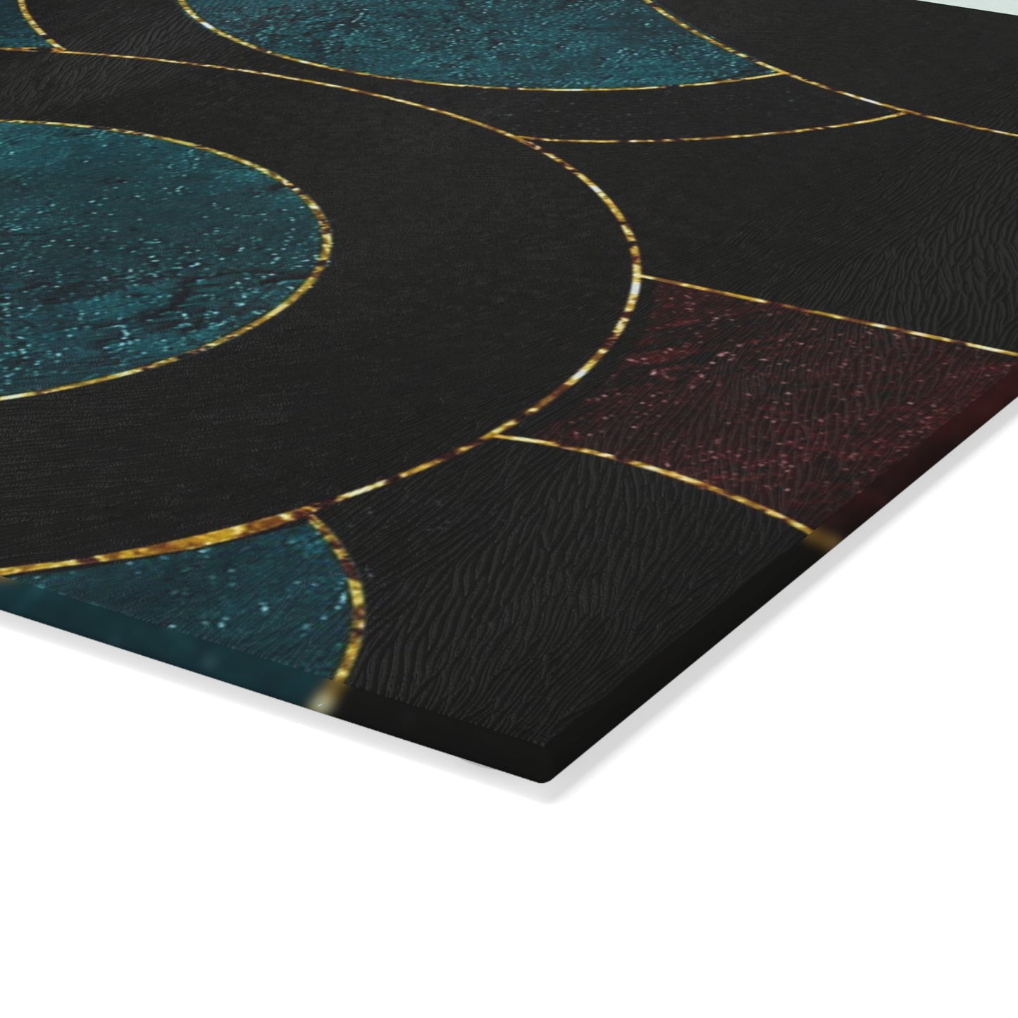 Geometric Circles Glass Cutting Board — Modern Teal & Burgundy Kitchen Decor