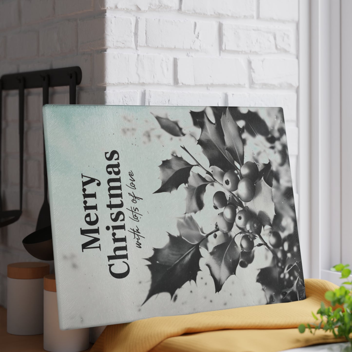 Merry Christmas Glass Cutting Board – Holly Berries Holiday Kitchen Decor