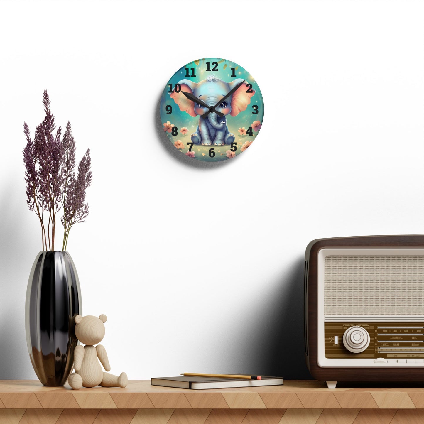 Cute Elephant Acrylic Wall Clock, Colorful Nursery Decor, Kids Room