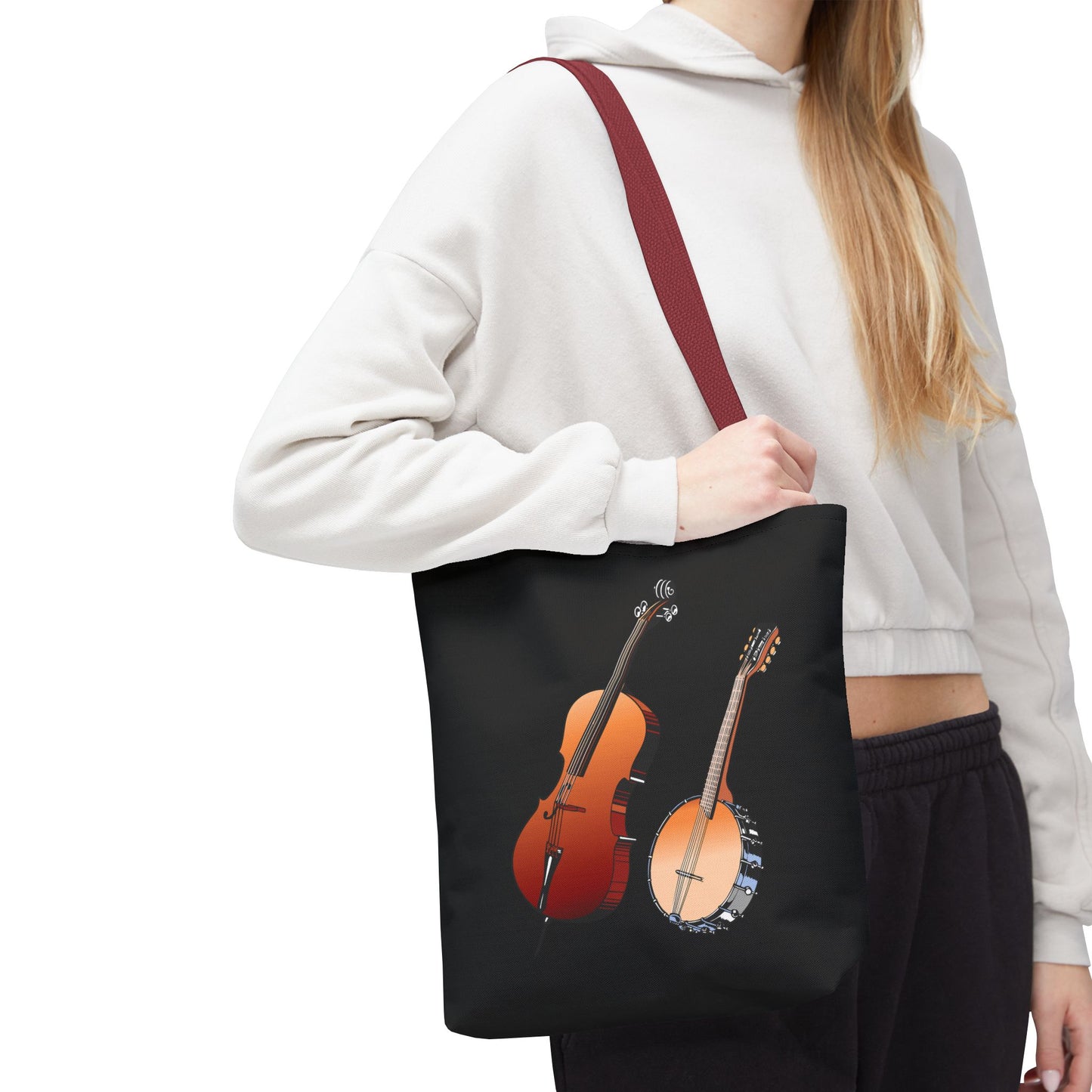 Musical Instruments Tote Bag, Music Lover Gift, Banjo and Cello Design, Stylish Grocery Tote, Concert Bag, Eco-Friendly Carryall
