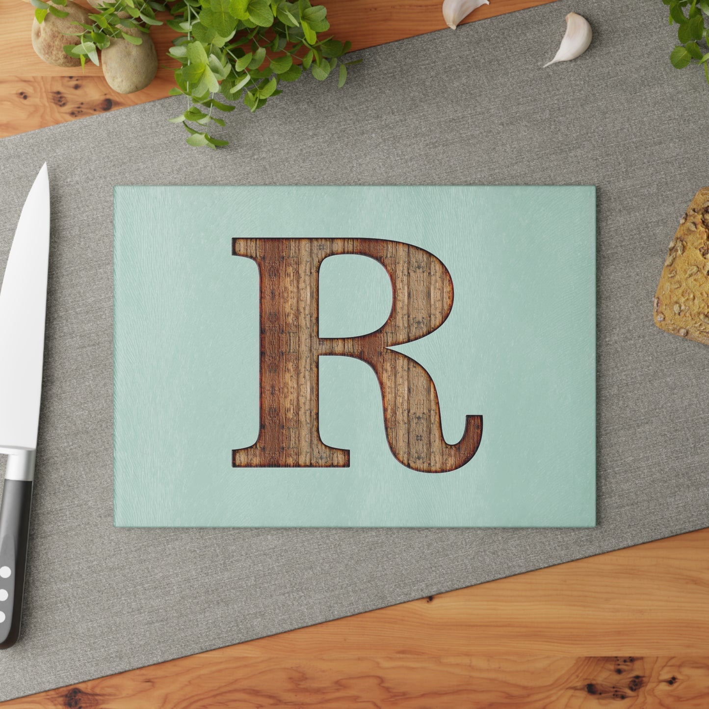 Monogram Glass Cutting Board – Rustic Wood Letter R on Mint