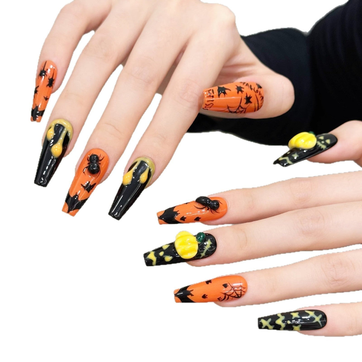 Halloween Pumpkin Spider Black Orange Press On Nails – Image 7