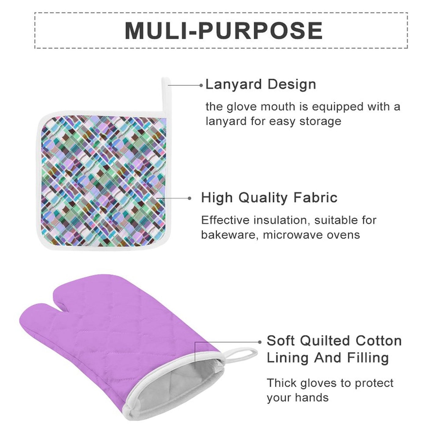 Oven Mitts & Pot Holder Set of 3 Purple Multi color