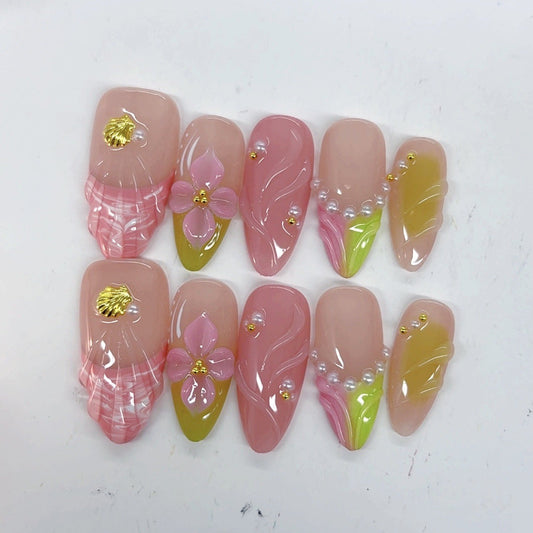 Mermaid Shell Floral: "Pink & Pearl" – Almond Press-On Nails – Image 2