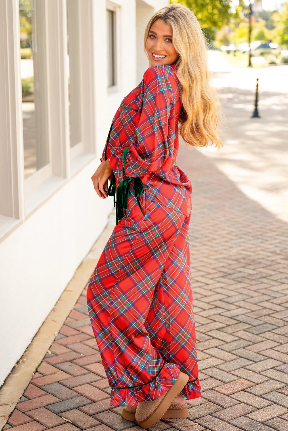 Fiery Red Plaid Satin Pajama Set with Contrast Velvet Ties