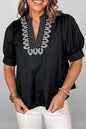 Black Short Puff Sleeve Contrast Embroidered Detail V Neck Blouse