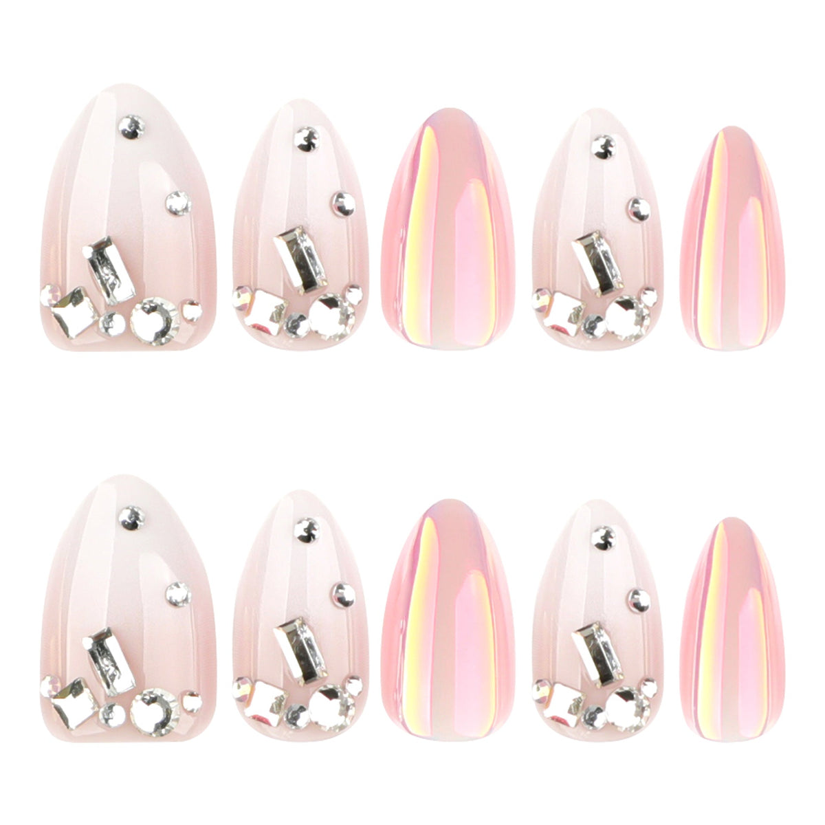 Iridescent Pearl Chrome Crystal Almond Nails – Image 5