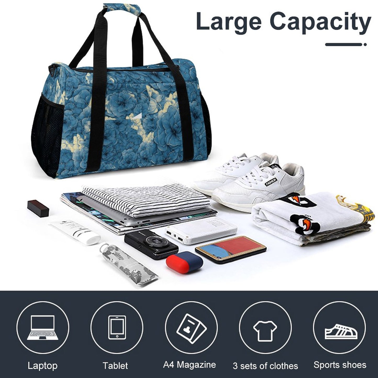 Travel Duffel Bag Blue Flowers