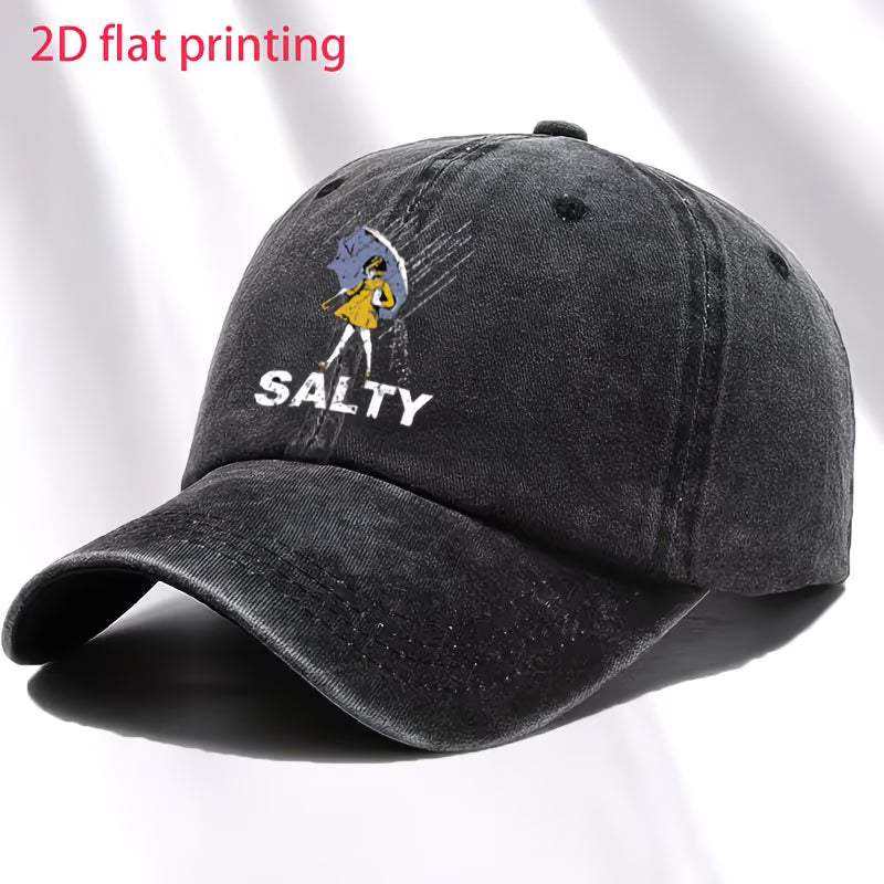 1pc Adjustable Vintage Washed Baseball Cap with Umbrella and "SALTY" Print | Unisex, Fashionable Streetwear, Ideal for Gifts, Curved Brim, Dome Style