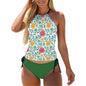 2-Piece Women's Tankini Set with High Neck Halter Top Green with Flowers