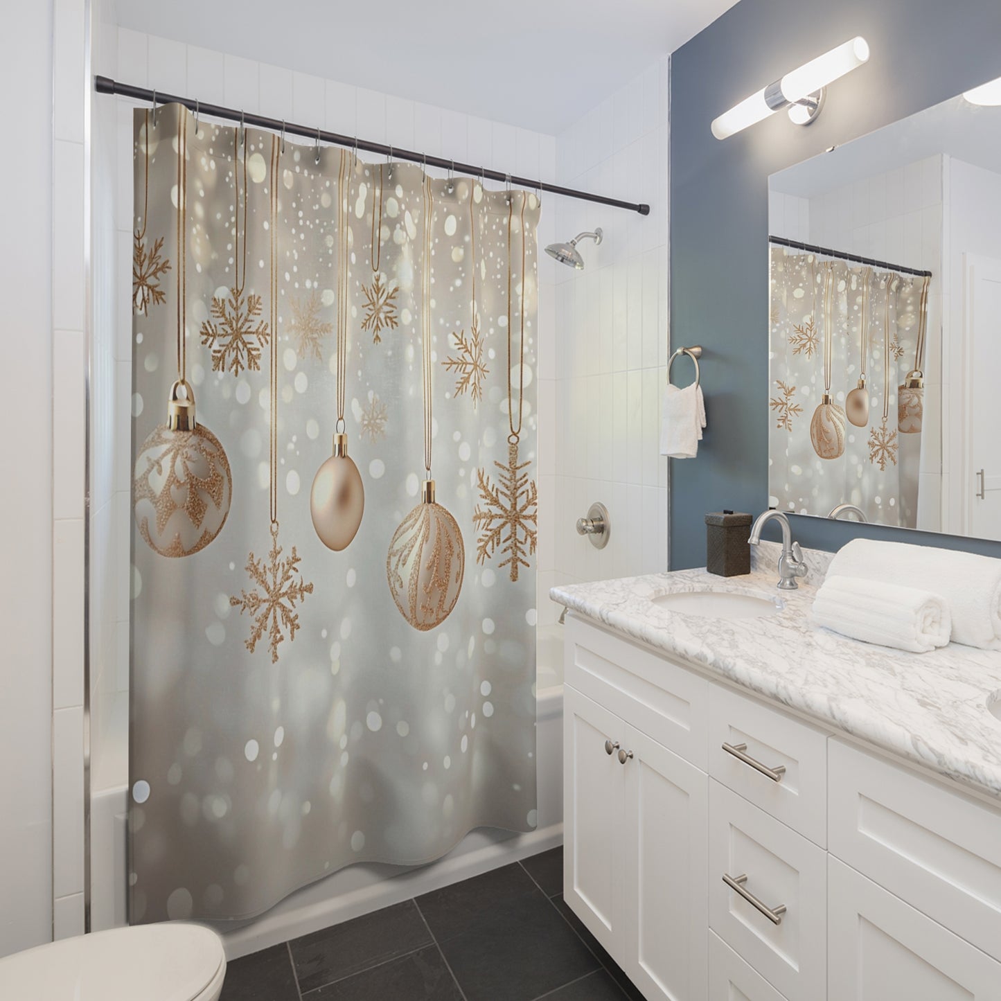 Gold Christmas Ornaments Shower Curtain — Holiday Snowflake Bathroom Decor