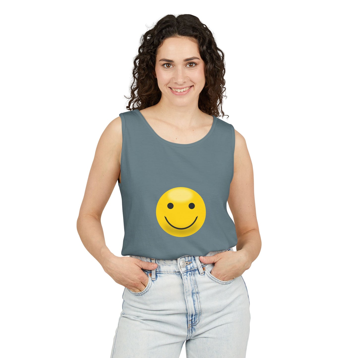 Smiley Face Tank Top, Summer Shirt, Casual Wear, Beach Outing, Gift for Friends, Positive Vibes Apparel
